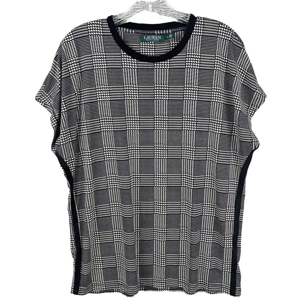 Lauren Ralph Lauren Glen Plaid Stretch Knit Top Women's XL Black & Ivory / Black